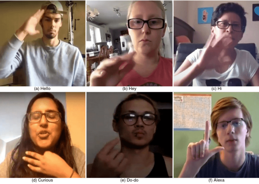 Six photographs of video screenshots of ASL signers who are looking into the video camera while they are in various home settings. The individuals shown in the video are young adults of a variety of demographic backgrounds, and each person is producing an ASL sign.