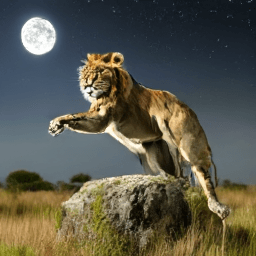 media_images_txt2img_12_ Photography of a powerful, full-maned lion in mid-leap, emerging from a large, moss-covere..._100000_8c29450cd3e318204dc1
