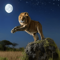 media_images_txt2img_12_ Photography of a powerful, full-maned lion in mid-leap, emerging from a large, moss-covere..._100000_e9f0e5ab2b08fd7a26ac