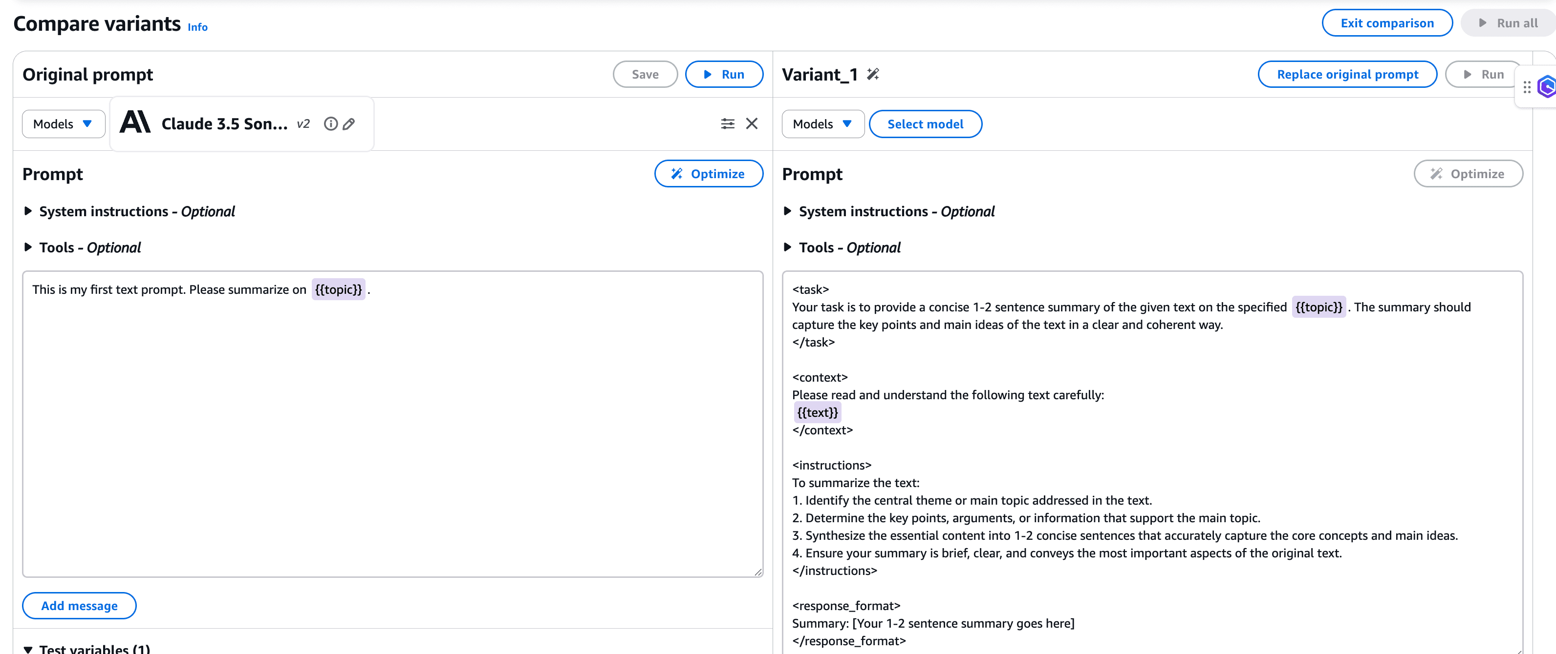 Side-by-side prompt comparison interface showing a simple original prompt versus an optimized Variant_1 with structured XML-style tags, task definitions, and response format templates using Claude 3.5 Sonnet.