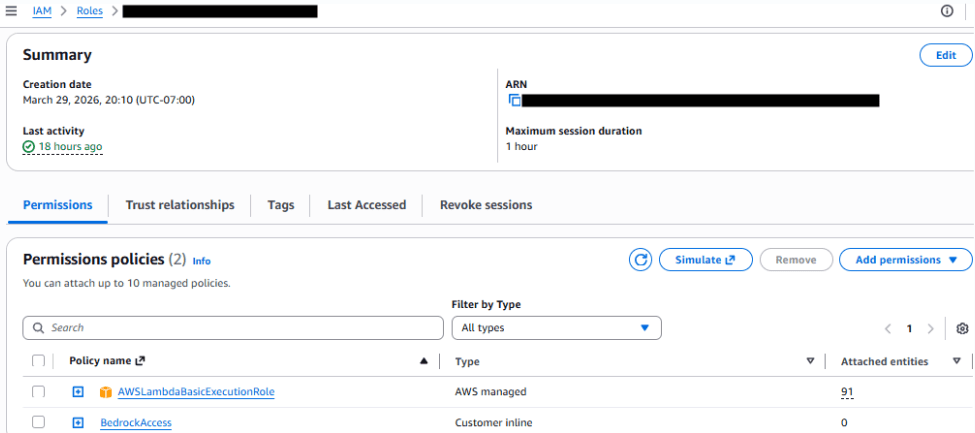 AWS IAM console showing role permissions with AWSLambdaBasicExecutionRole and BedrockAccess policies attached