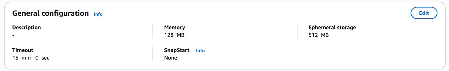 AWS Lambda general configuration panel showing 128 MB memory, 512 MB ephemeral storage, and 15-minute timeout