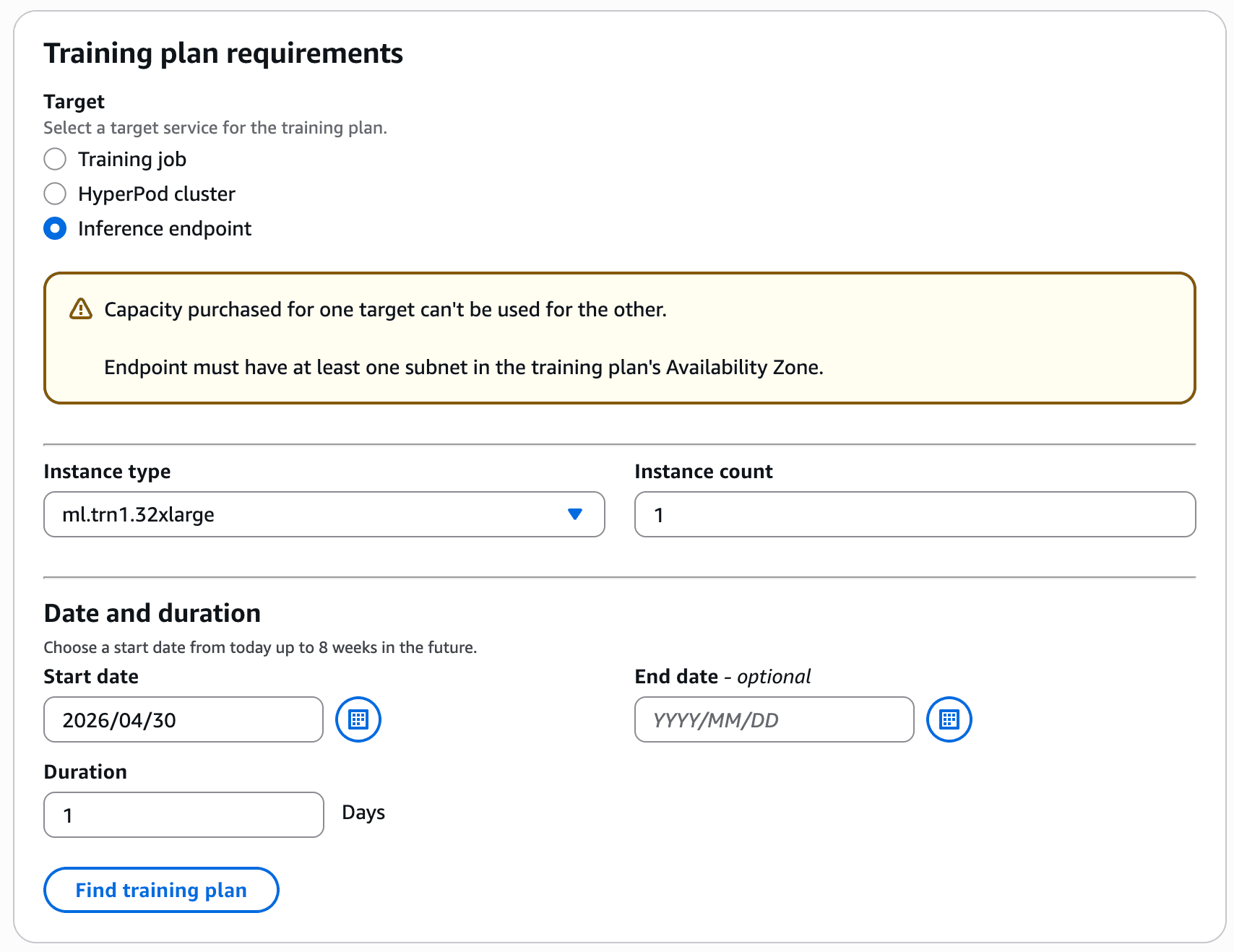 AWS SageMaker Training Plan Requirements configuration form showing target service selection, instance type settings, and scheduling options with Inference endpoint selected.