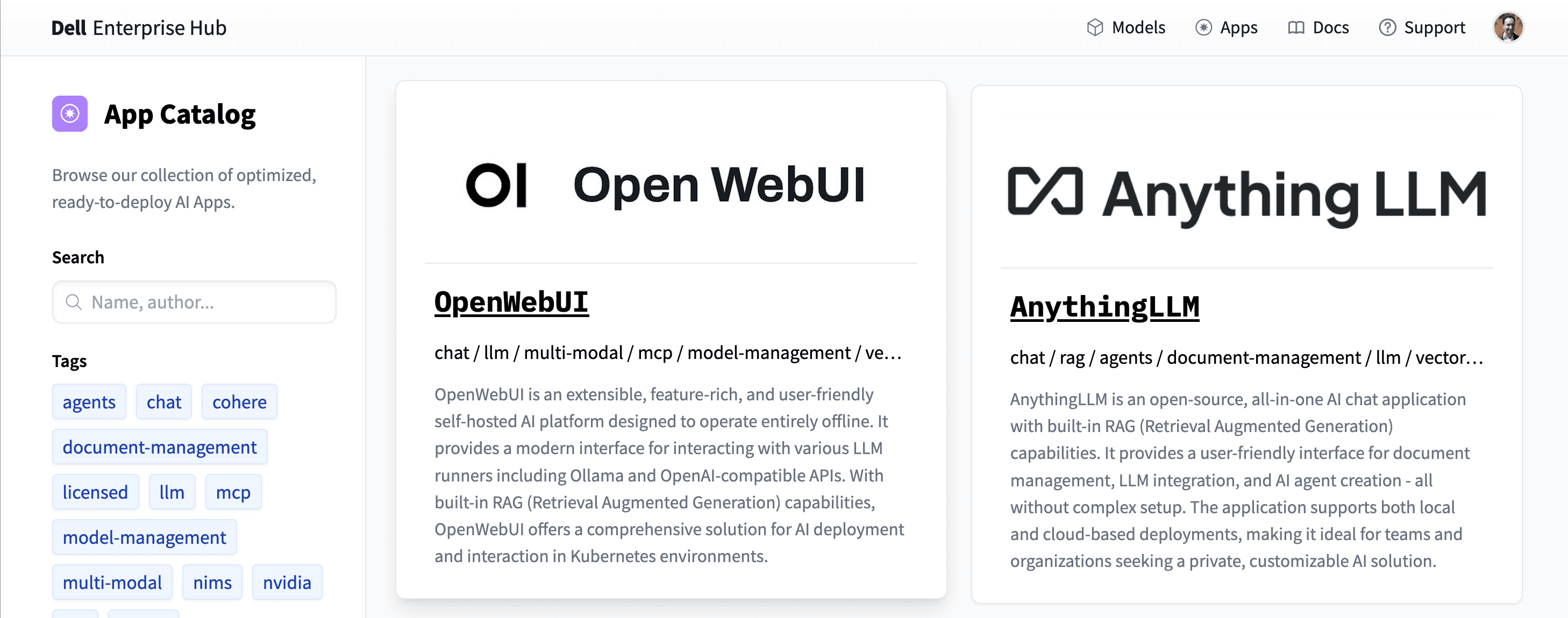 OpenWebUI and AnythingLLM available in the Dell Application Catalog