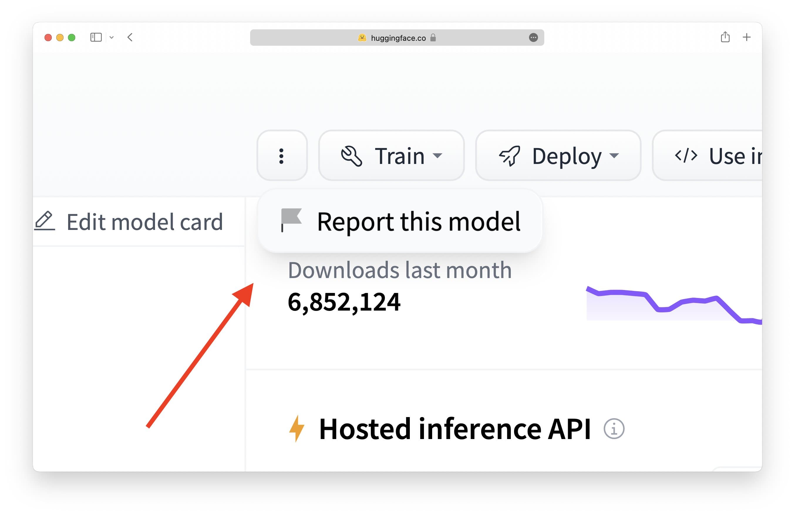 screenshot pointing to the flag icon to Report this model