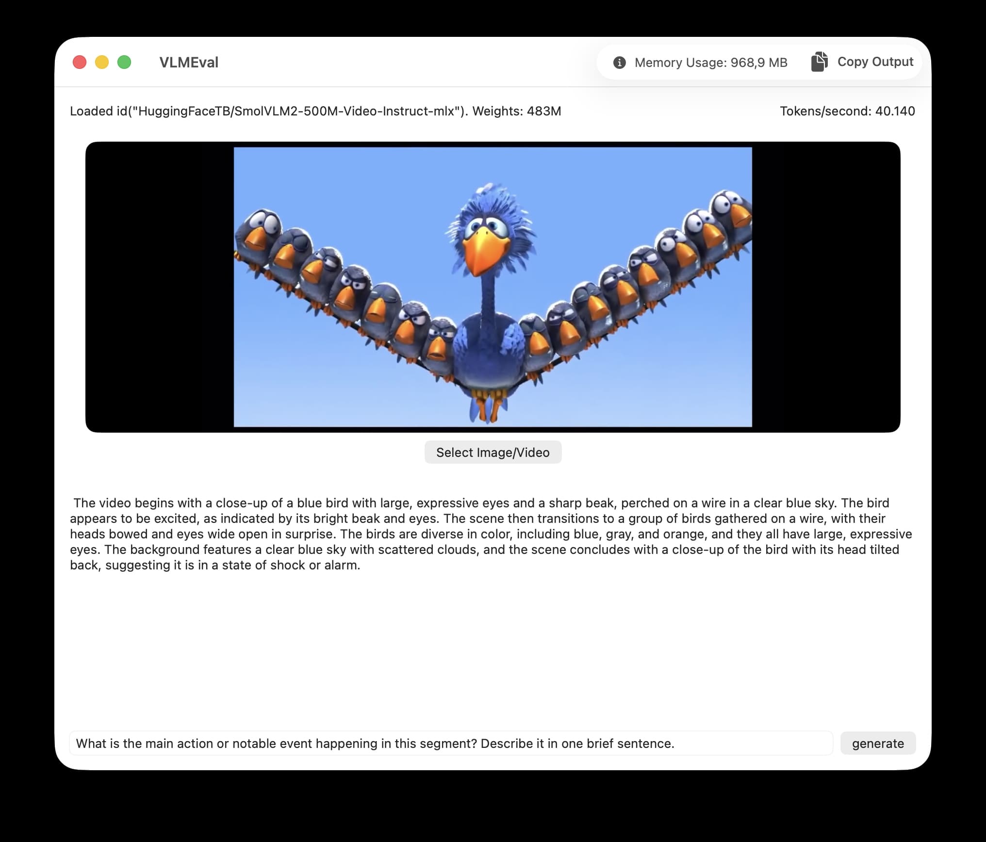 Test app from mlx-swift-examples, showing SmolVLM2 explaining actions in a video.