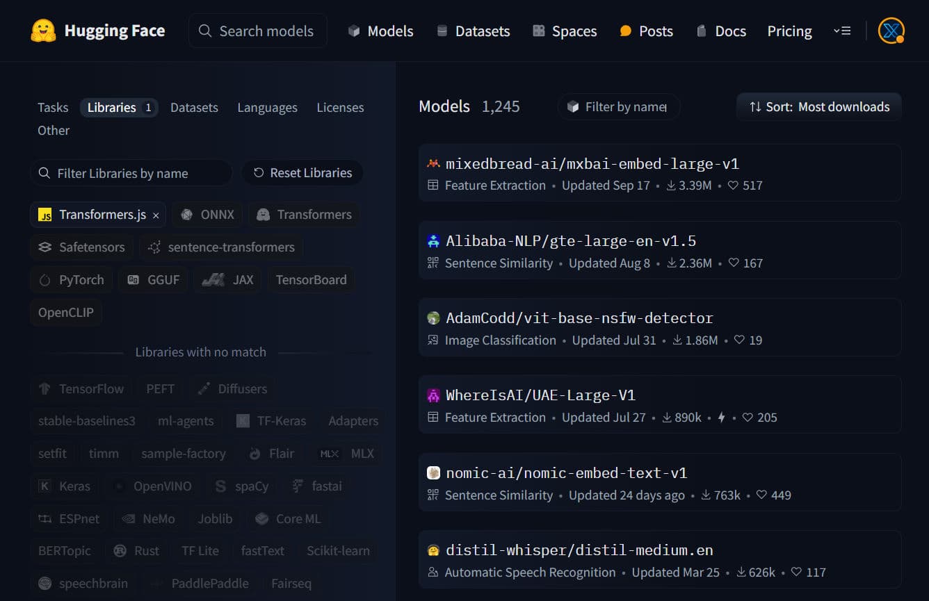 Available Transformers.js models
