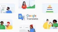 The Google Translate logo sits in the middle of colorful illustrated scenes, including people translating live conversations and a birthday cake topped by candles with the numeral 20