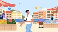Illustration showing a person with a Pixel phone in a beach town farmers' market by the water