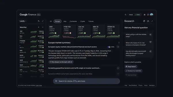 The new AI-powered Google Finance is expanding to Europe.