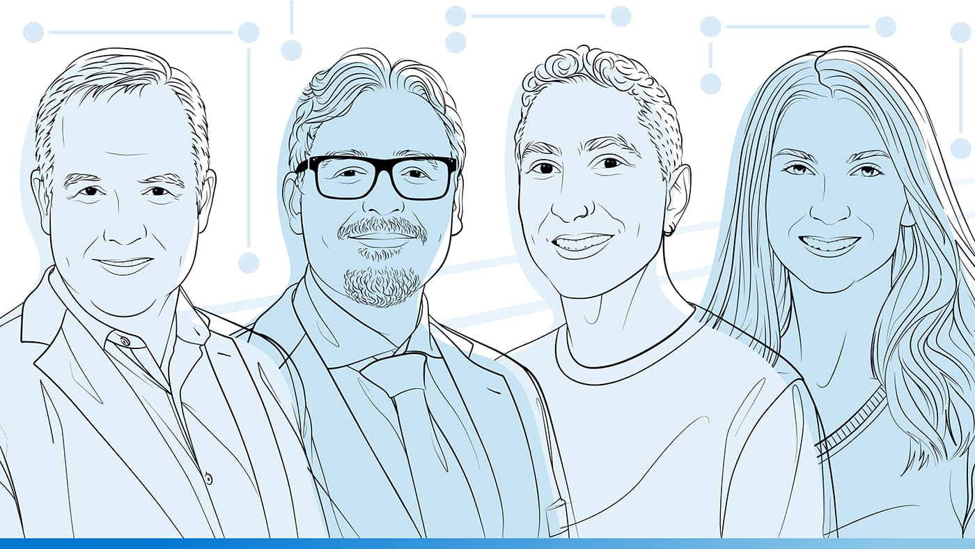 Illustrated headshots of Daniel Carpenter, Timo Minssen, Chad Atalla, and Kathleen Sullivan for the Microsoft Research Podcast