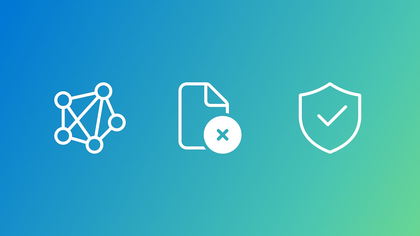 three icons on a blue to green gradient background | connected node icon, document with an