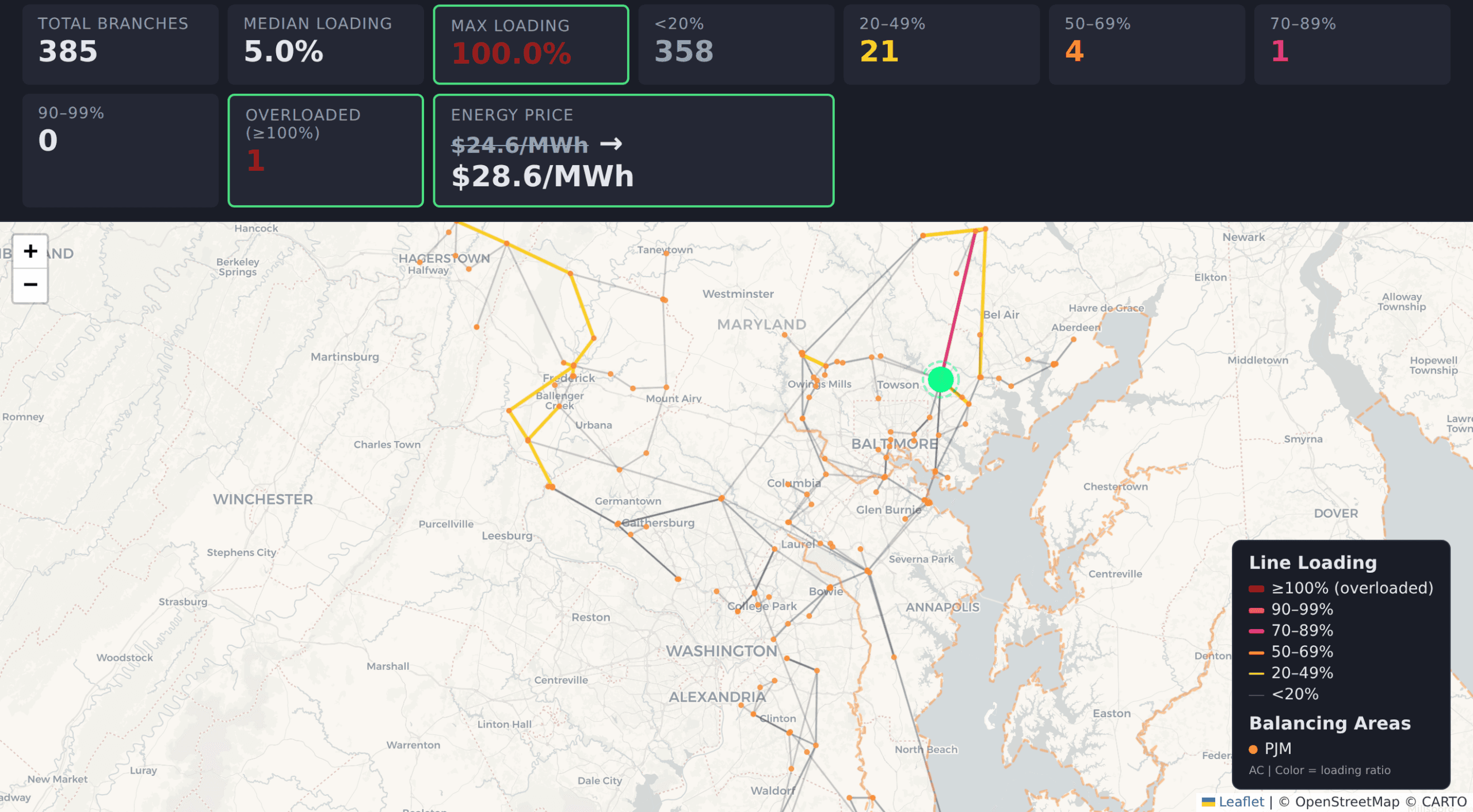 Datacenter placement near Baltimore causing a transmission line to exceed its thermal limit.